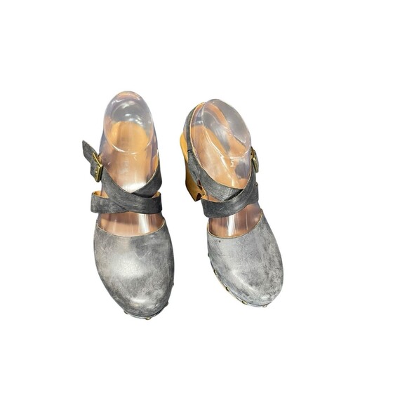 Korks Wendy Cross Strap Studded Platform Heeled Clogs Tan Denim Blue Size 7M - Picture 2 of 13